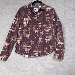 Roper Women's Button‎ Down Shirt Medium Brown Deer Print Western Plaid Rare AOP